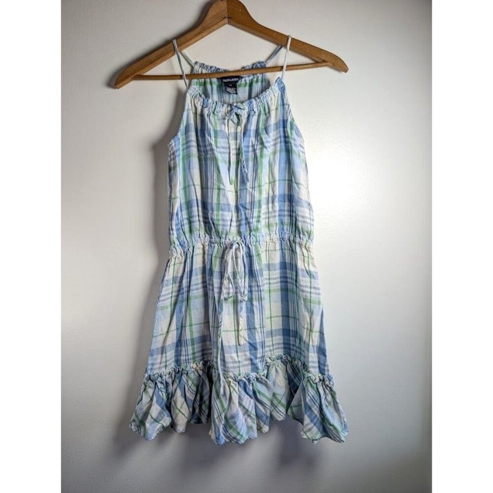 Ralph Lauren Girls Dress Size 12 Ruffle Linen Blend Plaid Summer Easter Party